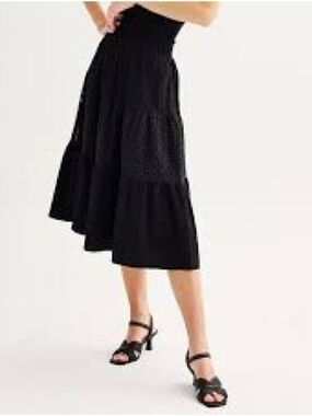 Nine West Black Tiered Midi Skirt with Smocked Waist